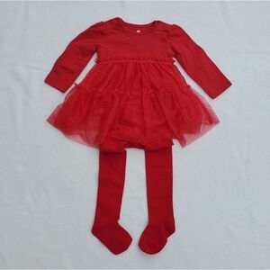 H&M red tulle skirt dress with footed tights size 6-9months